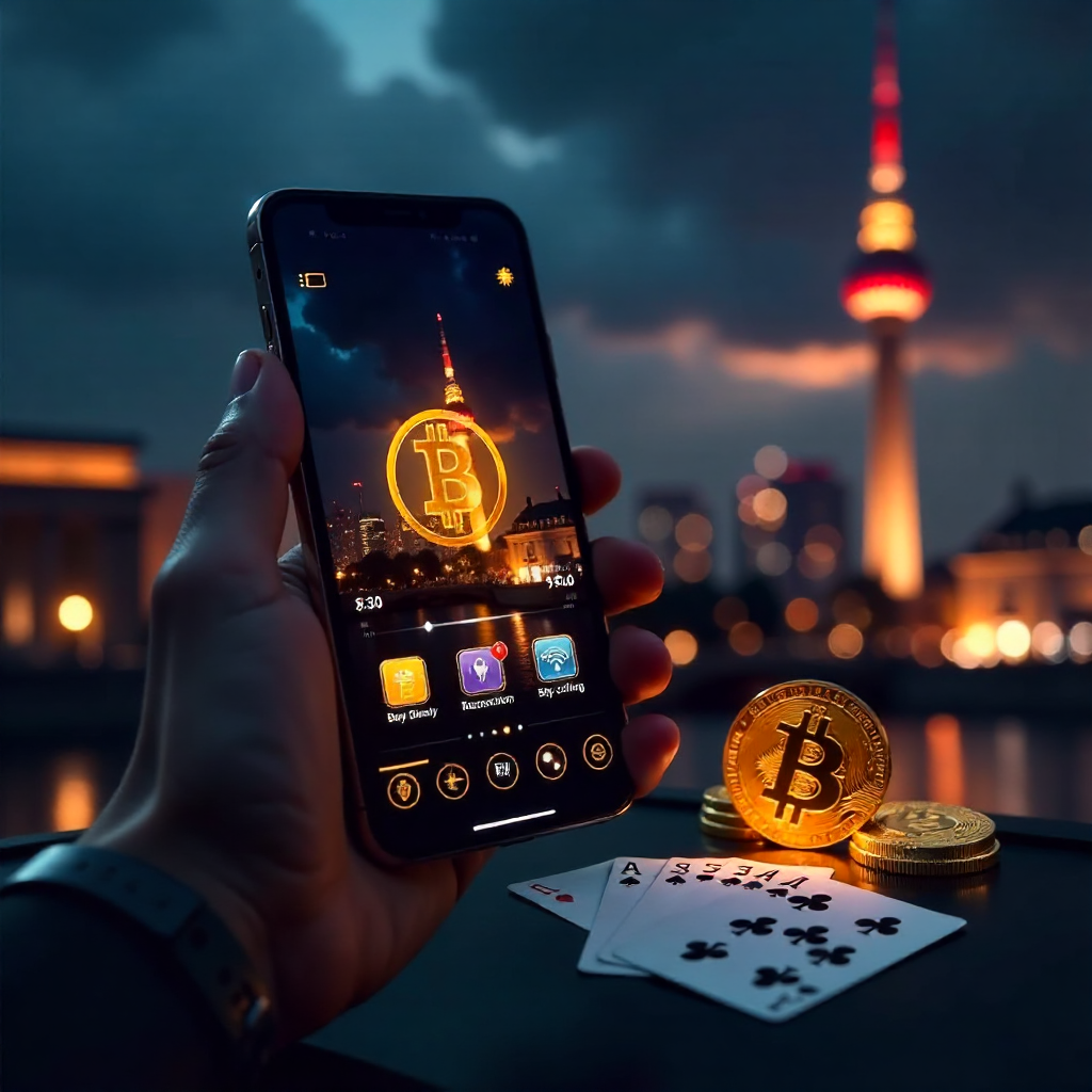 A hand holding a luxury smartphone displaying a high-tech Bitcoin poker app interface with glowing orange and gold accents, background is the Berlin skyline with the TV Tower (Fernsehturm) at night, 3D golden Bitcoin coins and a Royal Flush of playing car